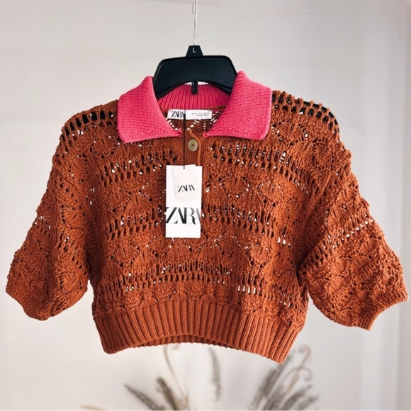ZARA Tops - NWT Zara Retro Pointelle Open Knit Polo Crop Top